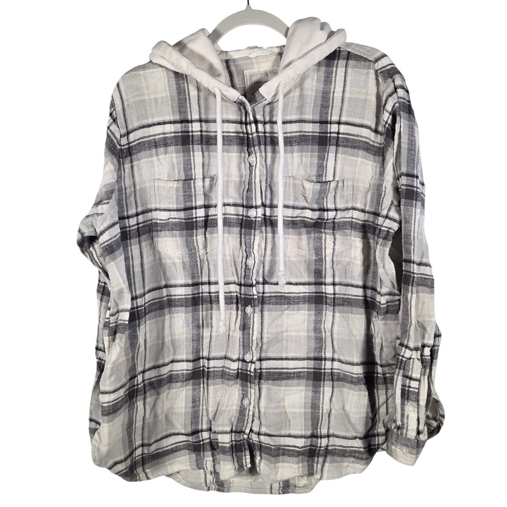 American Eagle Hooded Flannel Shirt Women Medium Plaid Button Up Hoodie‎ Top